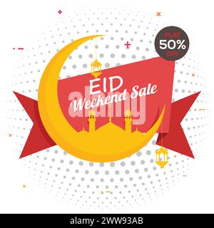 Eid Weekend Sale Ribbon design, Creative big crescent moon with mosque and lamps for Eid Special Offer. Up To 50% Off. Stock Vector