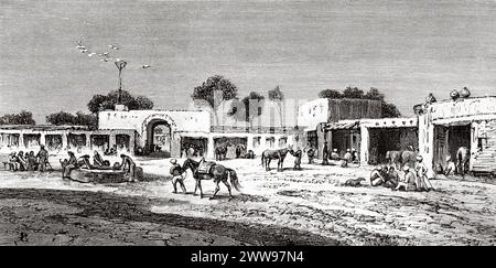 Old Caravanserai in Rawalpindi, Punjab, Pakistan. Travel to Northern India. Excursion to Attock on the Indus river. Drawings and texts by Evremond de Berard (1824 – 1881) Le Tour du Monde 1880 Stock Photo