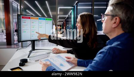Scrum Project Manager Using Scrum Board Scheduling Software Stock Photo