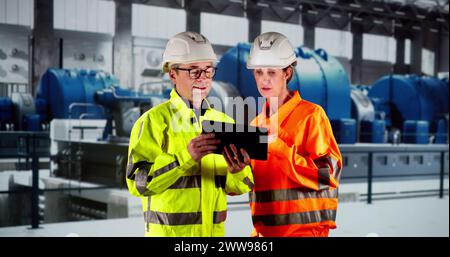 Electricity Plant Operators In Hardhats. AI Heating System Stock Photo