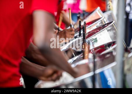 Pannists playing the steel pan on World Steel Pan Day Trinidad and Tobago Stock Photo