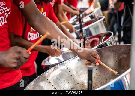 Pannists playing the steel pan on World Steel Pan Day Trinidad and Tobago Stock Photo