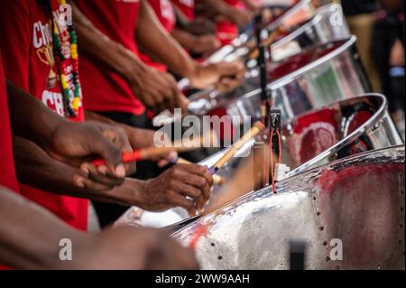 Pannists playing the steel pan on World Steel Pan Day Trinidad and Tobago Stock Photo