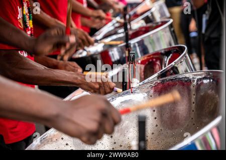 Pannists playing the steel pan on World Steel Pan Day Trinidad and Tobago Stock Photo