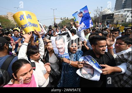 New Delhi, India. 22nd Mar, 2024. NEW DELHI, INDIA - MARCH 22: AAP workers protest against the arrest of AAP leader and Delhi's Chief Minister Arvind Kejriwal, at ITO Chowk on March 22, 2024 in New Delhi, India. (Photo by Sanchit Khanna Hindustan Times/Sipa USA) Credit: Sipa USA/Alamy Live News Stock Photo