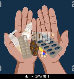 Vector isolated illustration of pills and drugs for treatment. Medicines in the palm of your hand. Stock Vector