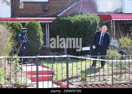 Friday afternoon, detectives are interviewing residents and processing the scene of an overnight homicide on Leslie Road in Jamaica. Thursday, March 21, 2024, at approximately 10:28 pm, police responded to a 911 call of a male shot at 178-16 Leslie Road in Jamaica, New York. and he was transported to Health Hospital/Queens, the police officers met the hospital staff who said that a 19-year-old male had a gunshot wound to his chest. The victim was pronounced dead and at this time there are no arrests and the investigation is going on. Stock Photo