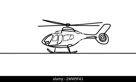 Continuous line helicopter in flight. Drawing black thin line on white background. Stock Vector