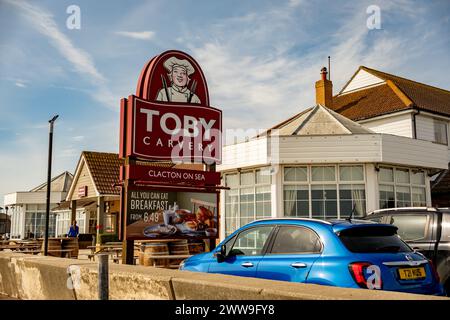 Clacton-on-Sea, Essex, UK – March 20 2024. Advertising sign outside the Toby Carvery restaurant on the promenade in Clacton-on-Sea Stock Photo