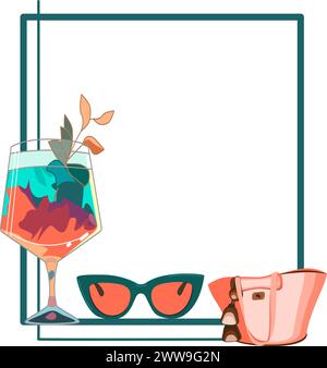 Summer frame with cocktail, and travel accessories vector illustration Stock Vector