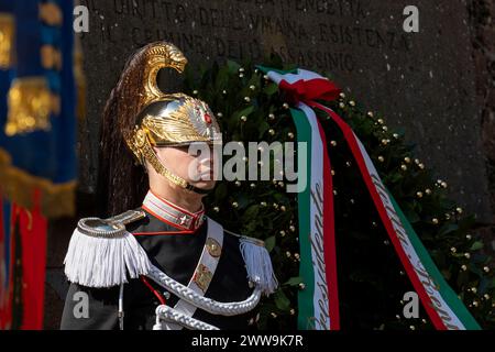 Members of the Corazzieri presidential guards, the Italian Corps of Cuirassiers, pay tribute to the graves of the victims of the Fosse Ardeatine massacre during the ceremony marking the 80th anniversary of the Fosse Ardeatine massacre. The Fosse Ardeatine mass killing of 335 civilians and political prisoners was carried out in this cave area in Rome on 24 March 1944 by German occupation troops during the Second World War as a reprisal for a partisan attack conducted on the previous day in central Rome against the SS Police Regiment Bozen. (Photo by Stefano Costantino/SOPA Images/Sipa USA) Stock Photo