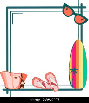 Summer frame with surfboard, beach bad, flip flops and sunglasses, vector illustration Stock Vector