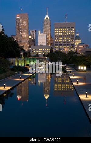 The Central Canal Walk in White River State Park, an urban state park illuminated at night - housing the Congressional Medal of Honor Memorial Stock Photo