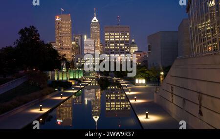 The Central Canal Walk in White River State Park, an urban state park illuminated at night - housing the Congressional Medal of Honor Memorial Stock Photo