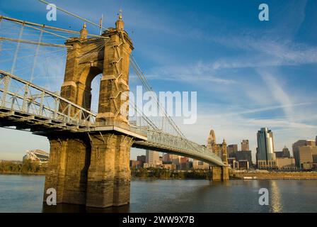 Roebling Suspension Bridge over the Ohio River, was built in 1866 - Cincinnati, Ohio- USA Stock Photo