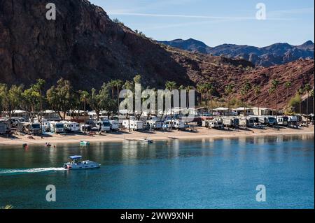 Campgrounds and resorts along the Colorado River below the Parker Dam.  California - Arizona border. Stock Photo