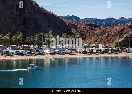 Campgrounds and resorts along the Colorado River below the Parker Dam.  California - Arizona border. Stock Photo