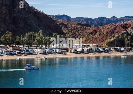 Campgrounds and resorts along the Colorado River below the Parker Dam.  California - Arizona border. Stock Photo