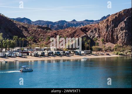 Campgrounds and resorts along the Colorado River below the Parker Dam.  California - Arizona border. Stock Photo