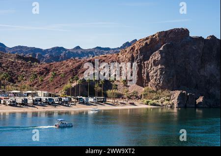 Campgrounds and resorts along the Colorado River below the Parker Dam.  California - Arizona border. Stock Photo