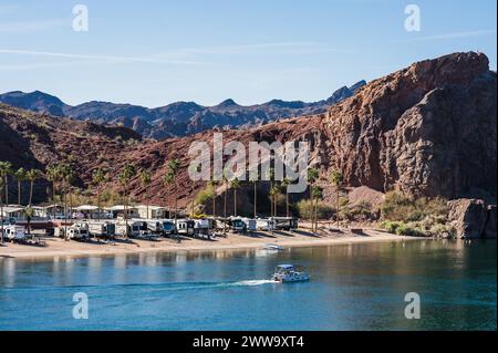 Campgrounds and resorts along the Colorado River below the Parker Dam.  California - Arizona border. Stock Photo