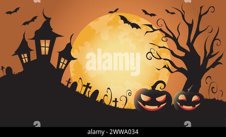 Vector illustration of a halloween scene with a haunted castle, full moon, bats and Jack o lanterns in silhouettes. Halloween celebration, card Stock Vector