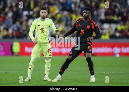 London, UK. 22nd Mar, 2024. London, England, March 22nd 2024: Alex Baena (15 Spain) and Jefferson Lerma (16 Colombia) in action during the International friendly game between Spain and Colombia at the London Stadium in London, England (Alexander Canillas/SPP) Credit: SPP Sport Press Photo. /Alamy Live News Stock Photo