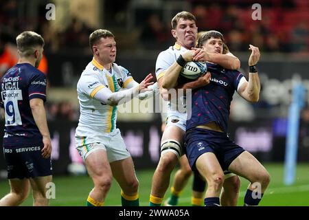 Bristol, UK. 22nd Mar, 2024. Tom Lockett of Northampton Saints gets Benhard Janse Van Rensburg of Bristol Bears in a choke hold during the Gallagher Premiership Rugby match between Bristol Rugby and Northampton Saints at Ashton Gate, Bristol, England on 22 March 2024. Photo by Scott Boulton. Editorial use only, license required for commercial use. No use in betting, games or a single club/league/player publications. Credit: UK Sports Pics Ltd/Alamy Live News Stock Photo