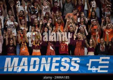 Blacksburg, VA, USA. 22nd Mar, 2024. The Virginia Tech Hokies student section during the first-round college basketball game in the women's NCAA Tournament between the Marshall Thundering Herd and the Virgina Tech Hokies at Cassell Coliseum in Blacksburg, VA. Jonathan Huff/CSM/Alamy Live News Stock Photo