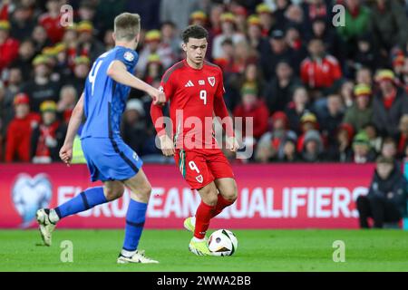 Cardiff, UK. 21st Mar, 2024. Wales Brennan Johnson (M) (9) in action during the Wales v Finland UEFA Euro 2024 Qualifier play-off Semi-Final at Cardiff City Stadium, Cardiff, Wales, United Kingdom on 21 March 2024 Credit: Every Second Media/Alamy Live News Stock Photo