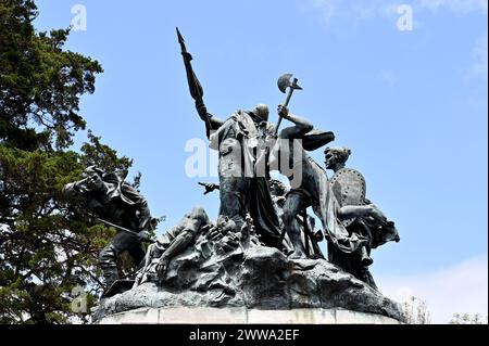 SAN JOSE, SAN JOSE PROVINCE, COSTA RICA: Located in Parque Nacional in downtown San Jose, the Monumento Nacional depicts five women. Stock Photo