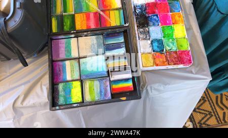 Vibrant Face Paint Palettes Ready for Artistic Creations Stock Photo