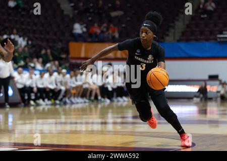 Blacksburg, VA, USA. 22nd Mar, 2024. Vanderbilt Commodores guard Jordyn Cambridge (3) dribbles the ball during the first-round college basketball game in the women's NCAA Tournament between the Vanderbilt Commodores and the Baylor Lady Bears at Cassell Coliseum in Blacksburg, VA. Jonathan Huff/CSM/Alamy Live News Stock Photo