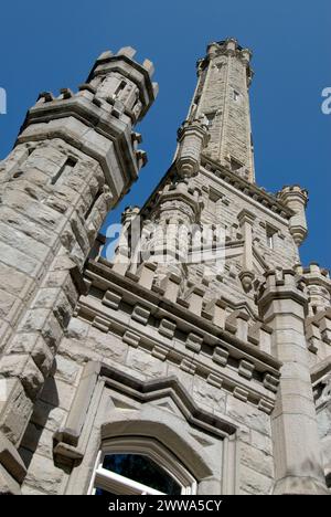 Old Chicago Water Tower, was built 1869 and survived the Great Chicago Fire - a main symbol of the city - Chicago, Illinois - USA Stock Photo
