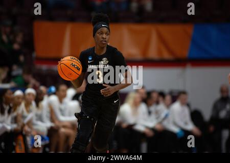 Blacksburg, VA, USA. 22nd Mar, 2024. Vanderbilt Commodores guard Jordyn Cambridge (3) dribbles the ball during the first-round college basketball game in the women's NCAA Tournament between the Vanderbilt Commodores and the Baylor Lady Bears at Cassell Coliseum in Blacksburg, VA. Jonathan Huff/CSM/Alamy Live News Stock Photo