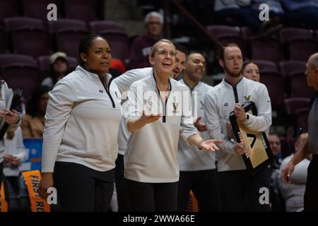 Blacksburg, VA, USA. 22nd Mar, 2024. Vanderbilt Commodores head coach Shea Ralph ask for a foul call during the first-round college basketball game in the women's NCAA Tournament between the Vanderbilt Commodores and the Baylor Lady Bears at Cassell Coliseum in Blacksburg, VA. Jonathan Huff/CSM/Alamy Live News Stock Photo