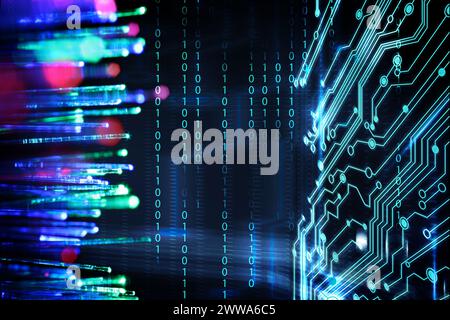Optical fiber strands, binary code and circuit board, multiple exposure Stock Photo