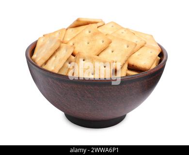 Tasty crackers in bowl isolated on white Stock Photo