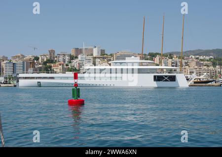 78m Superyacht Venus in Palma de Mallorca. Built by Feadship in The Netherlands for Steve Jobs of Apple, who unfortunately died befor Venus was completed. Designed by Phillippe Starck, Venus has a crew of 22 and can host 12 guests. It is currently owned by Laurene Powell Jobs, Steve's widow. Julu 2021 Stock Photo