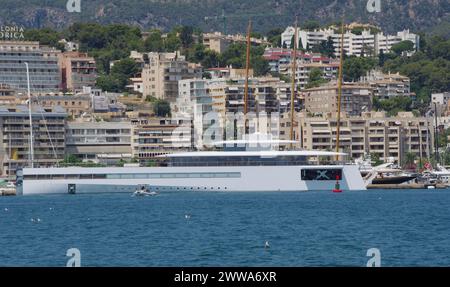 78m Superyacht Venus in Palma de Mallorca. Built by Feadship in The Netherlands for Steve Jobs of Apple, who unfortunately died befor Venus was completed. Designed by Phillippe Starck, Venus has a crew of 22 and can host 12 guests. It is currently owned by Laurene Powell Jobs, Steve's widow. Julu 2021 Stock Photo