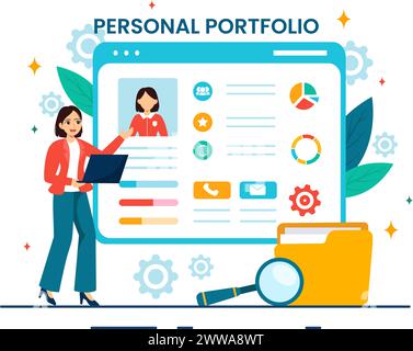 Personal Portfolio Vector Illustration with Profile Data, Resume or Self Improvement to Attract Clients and Employers in Flat Cartoon Background Stock Vector