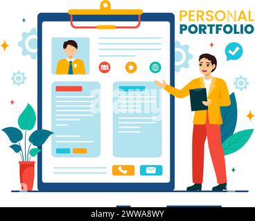 Personal Portfolio Vector Illustration with Profile Data, Resume or Self Improvement to Attract Clients and Employers in Flat Cartoon Background Stock Vector