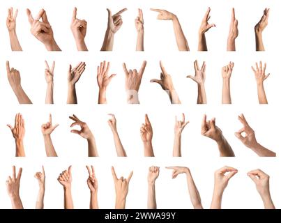 Set of hands using sign language on white background Stock Photo