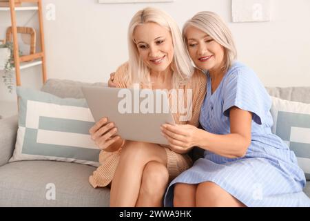 Mature female friends using laptop on sofa at home Stock Photo