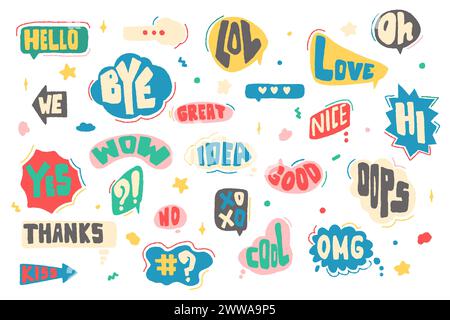 Chat balloons, chat frames, chat clouds with greeting phrases. Dialog chat bubbles symbols. Thought clouds or message frames for discussion Stock Vector