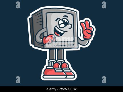 Mascot character design of old monitor standing with hand forming a peace symbol. Gray color Stock Vector