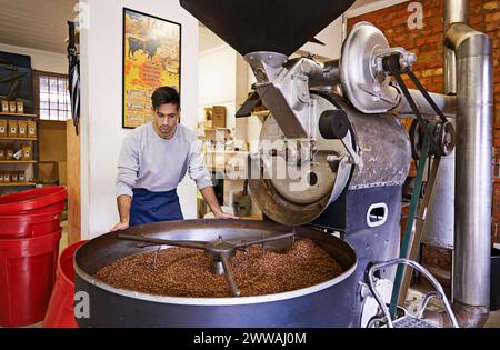 Coffee, checking and man with machine for roasting with small business, production and quality control. Entrepreneur, barista or roaster with beans at Stock Photo