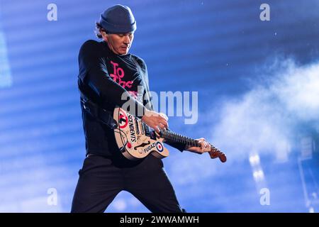 Sao Paulo, Brazil. 23rd Mar, 2024. SP - SAO PAULO - 03/22/2024 - SAO PAULO, LOLLAPALOOZA BRAZIL 2024 - Musician Tom DeLonge from the North American band Blink 182 performs on the Budweiser stage, at the Lollapalooza Brasil 2024 Festival, held at the Interlagos Autodromo, south of city of Sao Paulo, this Friday (22). Photo: Ettore Chiereguini/AGIF (Photo by Ettore Chiereguini/AGIF/Sipa USA) Credit: Sipa USA/Alamy Live News Stock Photo