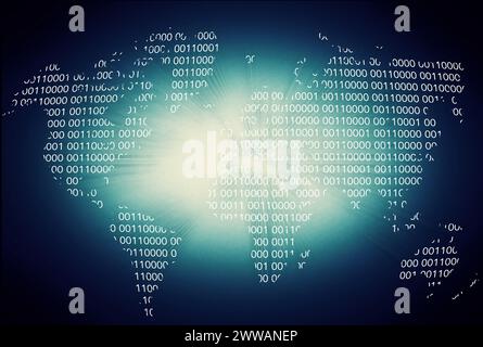 Matrix, coding and numbers for data with earth map for futuristic technology with dark background. Software, neon and text for programming, cyber or Stock Photo