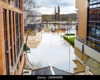 Extreme weather conditions,extensive flooding,after heavy,prolonged rain and storms,high,overwhelming river water levels,engulfing fields and properti Stock Photo